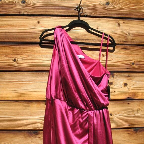 Mac Duggal 26654 Gathered One Shoulder Satin Faux Wrap Gown Dress - Picture 9 of 16